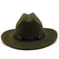 Detailed close-up of dark green wool fedora with black band and silver concho accents - M (56-58cm) / Army Green