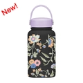 650ml matte black vacuum water bottle with vintage floral print and purple handle - Black Vintage Floral