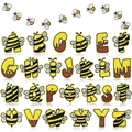 Macro shot of 26 embroidered bee alphabet patches showing detailed stitching and texture - Bee Deluxe Theme (XT287) / Set of 36