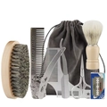 6-piece men's beard grooming kit with wooden brushes, razors and gray storage bag - 7-Piece Beard Set