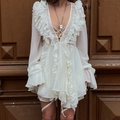 Short white chiffon dress with V-neck, long ruffle sleeves and bohemian lace-up detail - S / White
