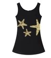 Detail von drei goldenen Pailletten-Seestern-Stickereien auf einem schwarzen Minikleid - S / Schwarz