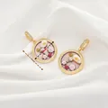 Floral oil painting style round pendant with natural pearl and gold finish, 24mm size - Style 12 Pink Red Floral Round Pendant