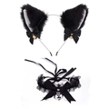 Black plush cat ear headband and lace choker set with golden bells and satin bows - Black/White Inside Cat Ears + Black Lace Choker