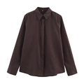 Detailed view of dark brown linen shirt featuring a classic collar and hidden button placket - XS / Coffee Top