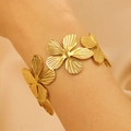 Elegant gold flower bracelet with detailed petal textures worn on wrist over silk - Printed Five-Petal Flower (5492)