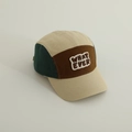 Detail of color-block five-panel camp cap with 'WHAT EVER' embroidery in khaki and green - Kids (48-54CM) / Khaki Brim