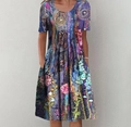Abito a trapezio da donna con girocollo e maniche corte con stampa floreale colorata - Taglia S / Pantaloni e gonne / Colore 11 (Stampa floreale artistica astratta)