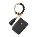 Black PU leather card holder keychain with leopard beads and eye-patterned wood bead - Black