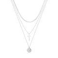 Three-layer 925 silver stacked necklace with cross pendant and round filigree charm - Silver