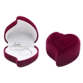 Red heart-shaped velvet jewelry box for rings with rose embossing and dual slots - White / Heart Flower Skewed Double Ring / Burgundy