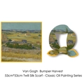 Detail of 53cm silk-like scarf with Van Gogh's The Harvest painting and yellow border - Harvest