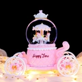 Pink carriage capybara crystal ball music box with crown and Happy Time base - MK Medium 80 Snowfall + Color Light / 2101 Pink