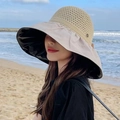 Wide brim summer sun hat with straw crown and light brown brim featuring UV protection coating - M Logo Open Top Beige