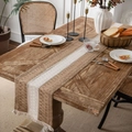 Camino de mesa de lino y algodón a rayas caqui y beige con borlas hechas a mano - 30x120cm (incluyendo borlas) / Línea de Algodón en el Medio