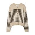 Jersey de punto a rayas beige con cuello tipo Henley abotonado y manga larga clásica - S / Raya Beige Negro
