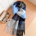 Écharpe en laine douce à motif écossais bleu, gris et noir avec franges - Standard Anglais-43# Carreaux Paresseux-Marine Gris