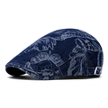 Adjustable dark blue denim flat cap featuring a light leaf pattern print for men and women - Deep Blue Leaf Pattern Style