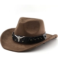 Classic brown suede western cowboy hat with wide brim and decorative silver bull head - M(56-58cm) / Coffee