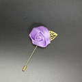 Detail of purple satin rose lapel pin with golden metal leaf for men's suit jacket - Light Purple