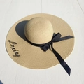 Beige wide brim straw sun hat with black Loving embroidery and bow ribbon detail - M (56-58cm) / Beige (Loving Embroidery)