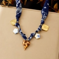 Silk scarf necklace with leopard heart and blue floral ceramic pendants on gold chain - Paisley Fabric Leopard Heart Style (N3896)