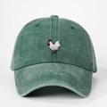 Adjustable dark green washed cotton baseball cap featuring a detailed rooster embroidery - One Size / Dark Green