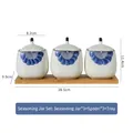 Japanese style ceramic seasoning jar set with blue fan pattern and bamboo tray - Palm Fan Set (3 Jars + 3 Spoons + Tray)