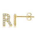 Detail of R-shaped gold brass stud earring with cubic zirconia and 925 silver post - Style R
