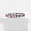 Detailed view of stainless steel modular links featuring red heart charms on a white stand - 0098-love Red 1st Festival