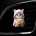Cute gray and white cat car air vent aromatherapy clip wearing a pink hoodie - Pink Milk Tea Cat (Single)