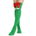 Christmas over-the-knee socks with red ribbons and white pom-poms on green and red stripes - One Size / Red Bowknot With White Pompom / Green