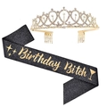 Detail of rose gold birthday set with glitter sash and sparkling rhinestone tiara crown - Black Sash And Crown