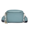 Blue lychee leather crossbody bag with tassel detail and letter pattern wide strap - Castle Blue
