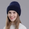 Women's warm dark blue rabbit fur knit beanie hat with fuzzy texture and cuffed brim - Navy Blue