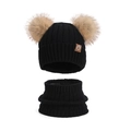 Kids black winter knit hat with double pom poms and matching neck warmer scarf set - Two-Piece Set / Black