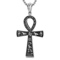 Silver Egyptian Ankh pendant with ancient hieroglyphs and vintage finish on chain - Steel Color Pendant (KP92795-BDJX)