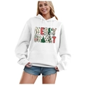 White Christmas hoodie for women with Merry and Bright letter print and drawstring hood - S / Tops / White