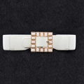 Detail of white elastic waist belt with gold square buckle and inset acrylic stones - White