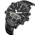 WWOOR dual time men's black stainless steel sports watch with 50m waterproof digital dial - Black Case Black Dial