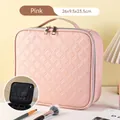Pink quilted PU leather makeup bag with handles and internal dividers 26x9.5x23.5cm - Diamond Pattern Pink Without Mirror (26X23.5X9.5)