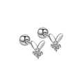 Minimalist S925 sterling silver rabbit ear studs with sparkling round cubic zirconia - 925 Silver / Rabbit Screw Earrings Platinum Plated (PED344)