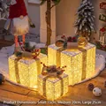 Three-piece set of beige LED Christmas gift boxes with burlap bows and pine cones - Cloth Striped Style - No Light
