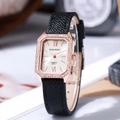 Dettaglio quadrante rettangolare oro rosa con strass e cinturino in pelle nera - Nero