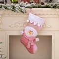 Pink plush Christmas stocking featuring a 3D snowman with white knitted hat on a fireplace - Snowman