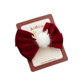 Christmas red velvet bow hair clip with white pompom and gold reindeer antlers - Red Fur Ball Deer Antler