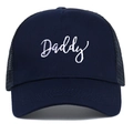 Navy blue cotton trucker hat with white Daddy embroidery and breathable mesh back - Navy Blue