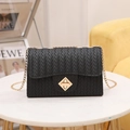 Modern black woven pattern crossbody bag with gold chain strap and diamond-shaped lock - Black
