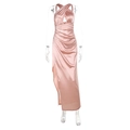 Detail of pink satin halter neck dress featuring cross-strap design and high side slit - XS / Champagne Pink