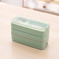 Three-layer 900ml mint green microwave safe lunch box with built-in cutlery - Triple Layer-Green (900ml)-Heat Shrink Film